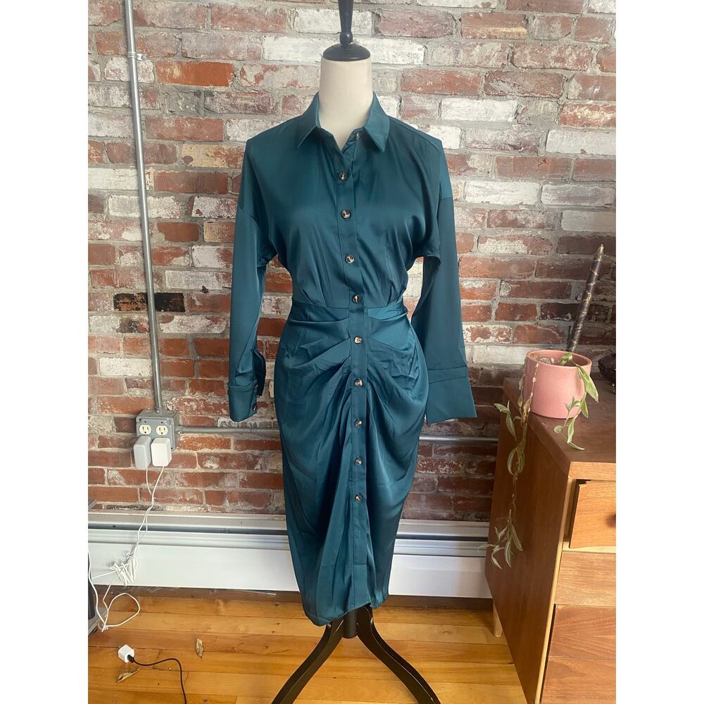 BTFBM Satin Wrap Midi Dress Small NWT Teal Blue Long Sleeve Ruched Button Front